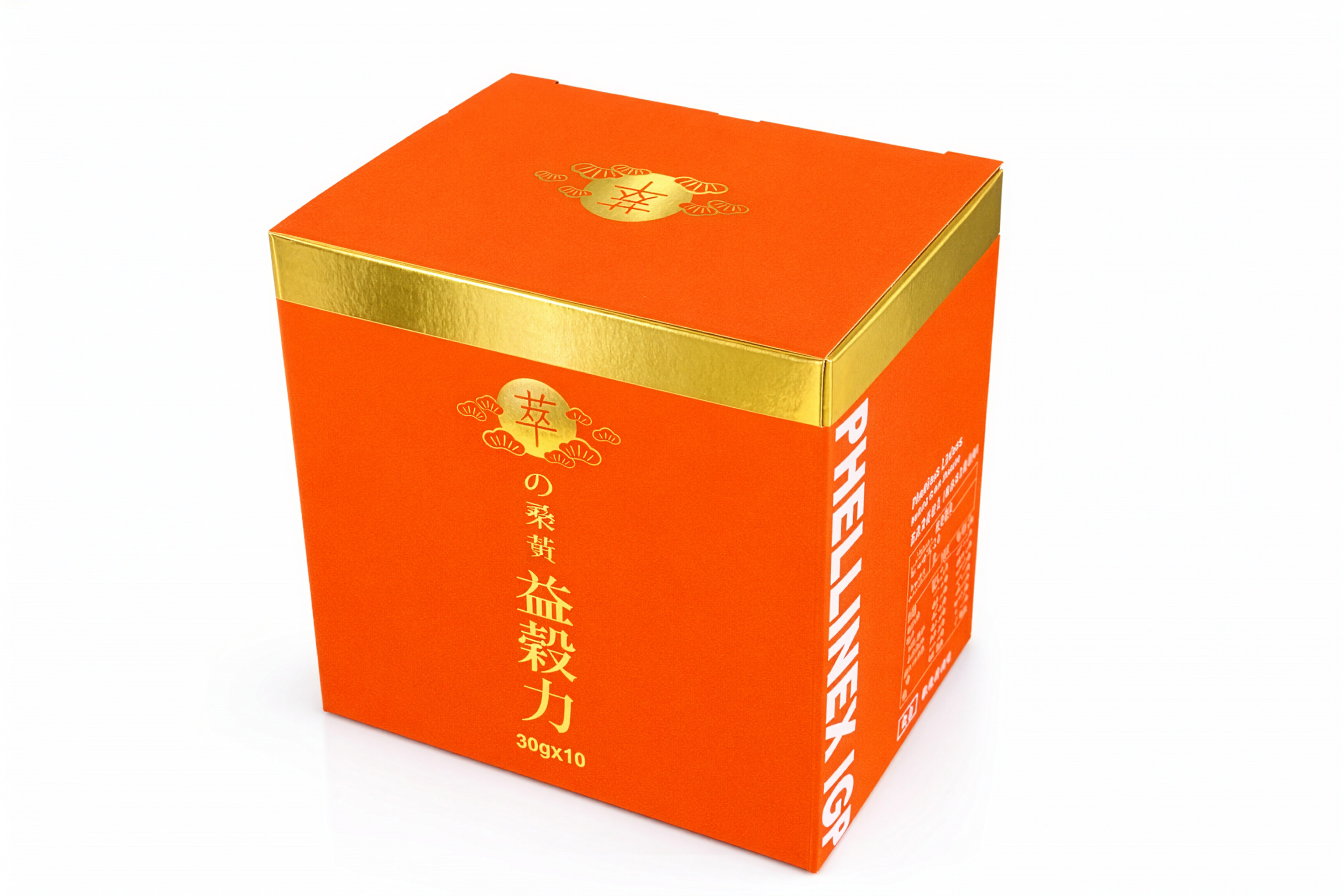 益穀力橙色金色外盒的俯視商品照片